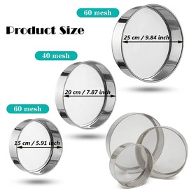 Aieraczy 15/20/25 cm Flour Sieve Stainless Steel, Pack of 3 40/60 Mesh Flour Sieve Fine Mesh, Icing Sugar Sieve, Kitchen Sieve, Fine, Large Single Hand Flour Sieve Fine for Baking, Rice, Cereals,