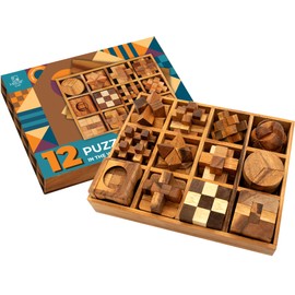 BSIRI Wooden Puzzle Box Set (12 Games) - Challenging Brain Teasers and 3D Puzzles for Adults, Interlocking Games for IQ Test, Ideal for Patio Decor and Unique Gift for Chistmas
