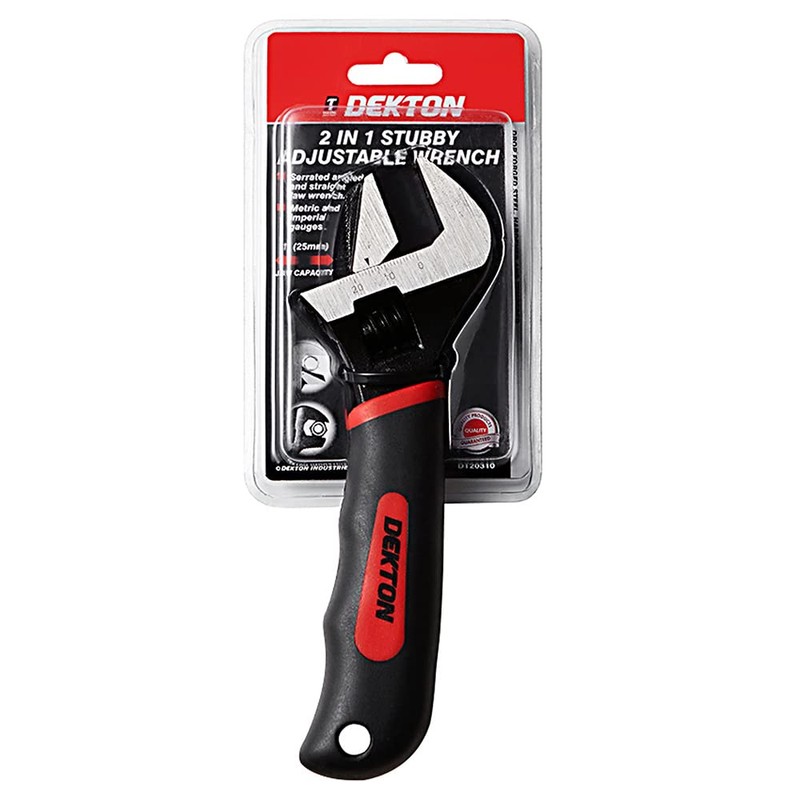 DEKTON DT20310 2-in-1 Stubby Adjustable Wrench, Silver