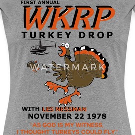Spreadshirt WKRP Turkey Drop with Les Nessman Thanksgiving Women’s Premium T-Shirt, S, Heather Gray