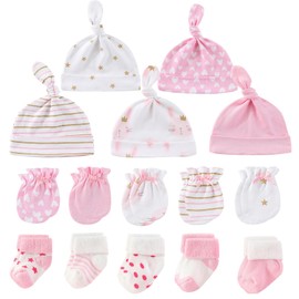 MAMIMAKA Baby Girls Caps Mittens and Thick Warm Socks Cotton Newborn Essentials Accessories (Hats+Gloves+Terry Socks),0-6 Months