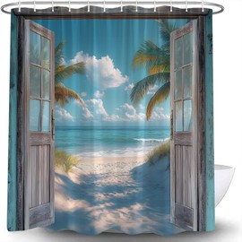 Blue Beach Shower Curtain Ocean Coastal Barn Door Tropical Palm Leaves Sand Seaside Sunset Rustic Seascape Nature Nautical Hawaiian Landscape Sunrise Fabric Bathroom Curtain Set with Hook