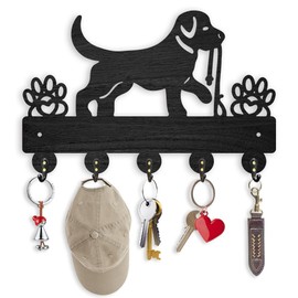 ORIGACH Wooden Dog Leash Hooks with 5 Metal Hooks Key Holder for Wall 30×16.9cm Dog Pet Wall Mounted Black Key Hangers for Front Door Kitchen Entryway Bedroom Pet Lovers Gifts