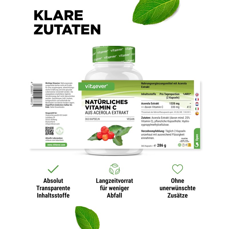 Natural Vitamin C from Acerola Extract - 365 Capsules -