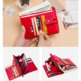 Contacts Real Leather Womens Bifold Trifold Wallet Multifunction Card Holder Clutch Travel Purse with Zipper Coin Pocket (Red)