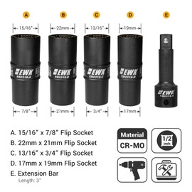 EWK 1/2 in Drive Thin Wall Flip Lug Nut Impact Socket Set, 8-in-4 Metric & SAE Flip Sockets 17mm 19mm 21mm 22mm 3/4", 13/16", 7/8", 15/16" with 3" Extension Bar for Wheel & Tire Service