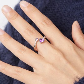 Silver Birthstone Heart Rings Women: 925 Sterling Silver Adjustable Ring Double Heart Gemstone Minimalist Hypoallergenic Elegant Jewelry Party Prom Birthday Gifts for Women Girls (Silver)