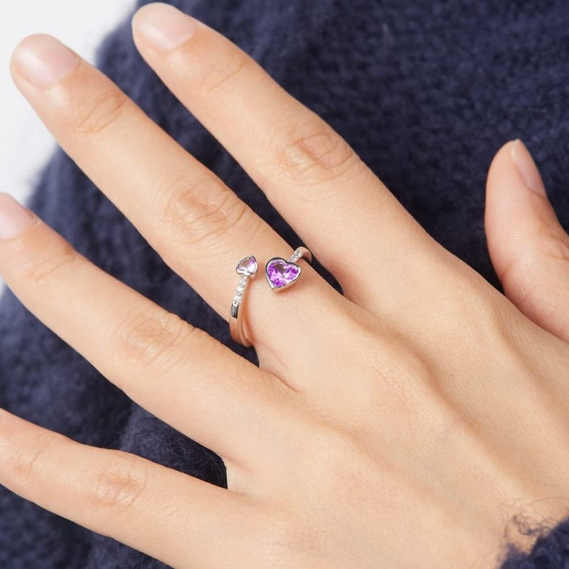 Silver Birthstone Heart Rings Women: 925 Sterling Silver Adjustable Ring