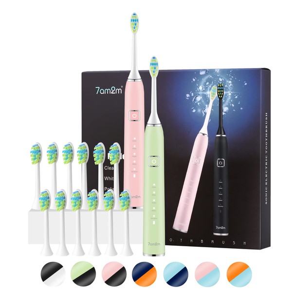 7AM2M Electric Toothbrush 2 Pack Set for Kids and Adults, 12 Brush Heads,5 Adjustable Modes, Built-in 2-Minute Smart Timer, Wireless Fast Charge for 60 Days,IPX7Waterproof SonicToothbrush(Green+Pink)