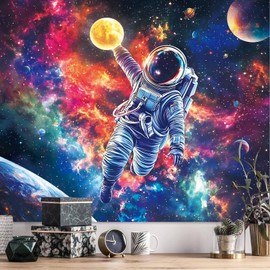 Blacklight Astronaut Space Tapestry for Bedroom Men, Black Light Posters UV Reactive Galaxy Starry Sky Tapestries Wall Hanging, Cool Neon Spaceman Fantasy Backdrop for Living Room Dorm 51 X 60 Inches