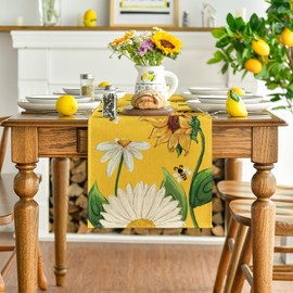Artoid Mode Yellow Sunflowers Daisy Bees Summer Table Runner, Seasonal Spring Kitchen Dining Table Decoration for Home Party Decor 13x90 Inch