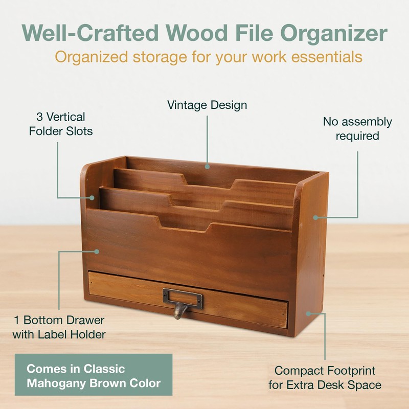 Rustic Wooden Desk Organizer - Vertical File Sorter with 3