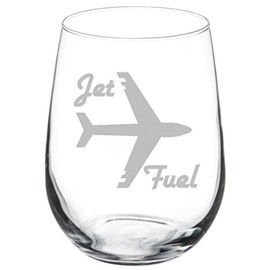 MIP Wine Glass Goblet Airplane Pilot Flight Attendant Frequent Flyer Travel Jet Fuel (17 oz Stemless)