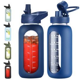EALGRO 32 oz Glass Water Bottle with Straw and Handle, Sports Motivational Water Flask with Silicone Sleeve, Large Leakproof Water Flask Cup with Time Marker for Travel, Gym, Navy