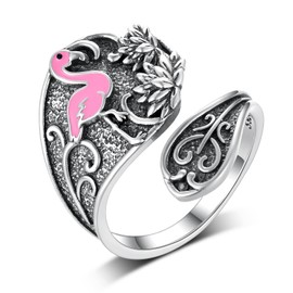 qielizhu Spoon Rings for Women 925 Sterling Silver Hummingbird/Butterfly/Bee/Red Cardinal/Pink Flamingo Adjustable Thumb Rings Vintage Boho Antique Jewelry Gifts (Flamingo Ring)