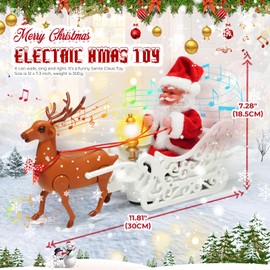 Santa Claus Doll Elk Sled Toy 2024 Christmas Universal Electric Car Pulling Cart with Music, Running Walking Riding Reindeer Singing Xmas Decor Gifts for Children Kids