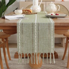 meioro Rustic Table Runner with Tassels, 33 x 123 cm, Country House Style, Boho Table Runner, Braided Striped, Linen Polyester Table Decoration for Dining, Party, Holiday and Wedding (Green)