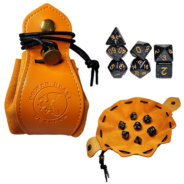 Power Beast Dungeon Dice Bag + 7 Pcs Dice Set, Tray with Button Genuine Leather, Dice Tray, Storage Bag for D&D Dices, Holder Dice Rolling Mat, Dice Storage Case, DND, RPG, Dungeons and Dragons.