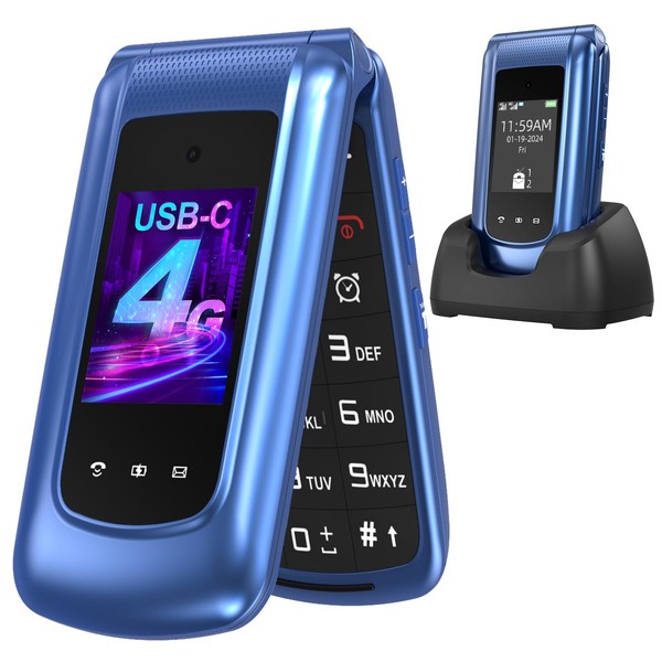 USHINING 4G Senior Mobile Phone Folding Mobile Phone without Contract, Mobile Phone Large Buttons Mobile Phone for Seniors with 2.4 and 1.77 Inch Dual Colour Display Dual SIM SOS Emergency Call Button