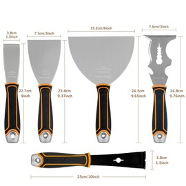 ROLLINGDOG 5 PC Drywall Repair Knife Set - Include Putty Knife Needed for Drywall Work (1.5" Stiff Blade Scraper, 1.5" Pry Bar, 14-1 Mutil Painter's tool,3" and 6" Flexible Putty Knife)