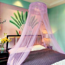Eimilaly Lace Bed Canopy Mosquito Netting with Warm Lights, Princess Bed Canopy for Girls Room Decor, Pink/Single Door