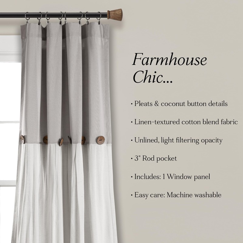 Lush Decor Linen Button Window Curtain Panel, Single, 15.8" W