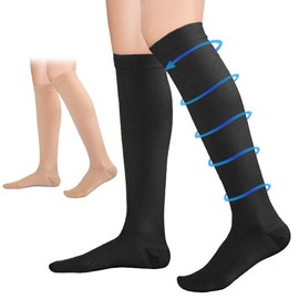 Compression Socks, Compression Leg Supporter, Calf Support, Graduated Compression Tightening, Compression High Socks, Elastic Stockings, Standing Work, Sports, Outing, Toe Cover Type (S, Black)