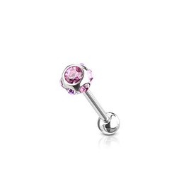 PiercedOff 316L Surgical Steel Externally Threaded Tongue Bar with 7 Pink CZ Gems Ball - Thickness 14GA(1.6mm) / Length 16mm / Ball Size 5mm / Gem 6mm