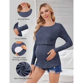 Ekouaer Women’s Nursing Top 3pack Long Sleeve Breastfeeding Shirts Postpartum Double Layer Clothes Round Neck Maternity Tshirt Black/Navy Blue/Dark Red XL