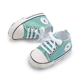 BAIELey walk in the clouds Baby Boys Girls Infant Canvas Sneakers High Top Lace up Bling Sequins Soft Sole Newborn First Walkers Shoe (Green 6-12_Months)
