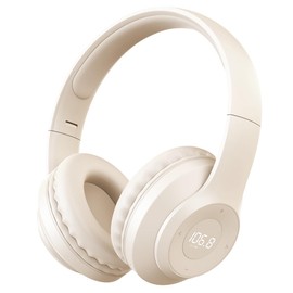 kamapulo X5 Rechargeable & Portable FM Radio Headphones with Best Reception, LED Display, Soft Ear Muffs, FM Headset Radio Receiver for Meeting, Works, Hiking, Jogging (Beige)