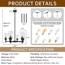 CANMEIJIA 6-Light Black Chandeliers, Industril Glass Pendant Lights Kitchen Island, Farmhouse Chandelier for Dining Room Lighting Fixtures Hanging, Modern Chandelier for Bedroom, Living Room, Foyer