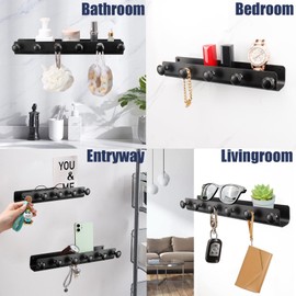 Vanloory Coat Hook Rack, Heavy Duty Stainless Steel Hook Rail Wall Mounted Wall Hooks for Hanging Purse Bag Robe, Entryway Key Hooks with Storage Towel Hook Rack for Bathroom Bedroom (6 Hook, Black)