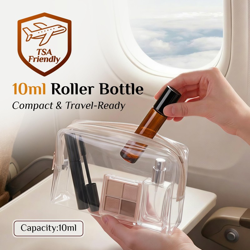PrettyCare Set of 24, 10 ml Amber Glass Roller Bottles
