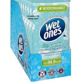 Wet Ones – Be Gentle – Plastic Free Antibacterial Pocket Size Hand Wipes - 144 wipes – 12 packs x 12 wipes