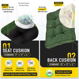 SUNROX Memory Foam Non Slip Rocking Chair Cushion, FadeShield Water Resistant Thicken Durable Tufted Pads, Set of Seat & Back Cushion with Ties for Indoor/Outdoor Rocker, 2 Piece, Army Green