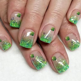 Shamrock Glitter Press on Nails St.Patrick's Day Fake Nails Green Glitter French Tip Nude Artificial ons Nails Full Cover Shamrock Stick on Nails Short Square Glue on Nails for Women Holiday Nails