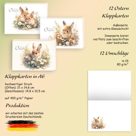 Easter Cards with Envelope, Easter Magic in Natural Tones, Set of 12, Hinged Happy Easter Greeting Cards in A6 Format, Folding Cards with Cute Rabbit, Delicate Merry Easter Card Set, Envelope High