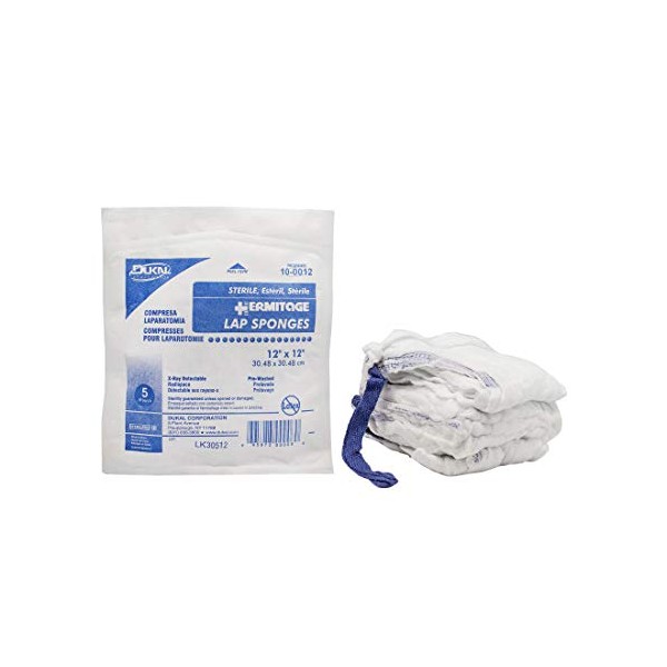 DUKAL 10-0012 Laparotomy Sponge, Prewashed, Xray, soft pack, 12" x 12", Sterile (Pack of 100),White