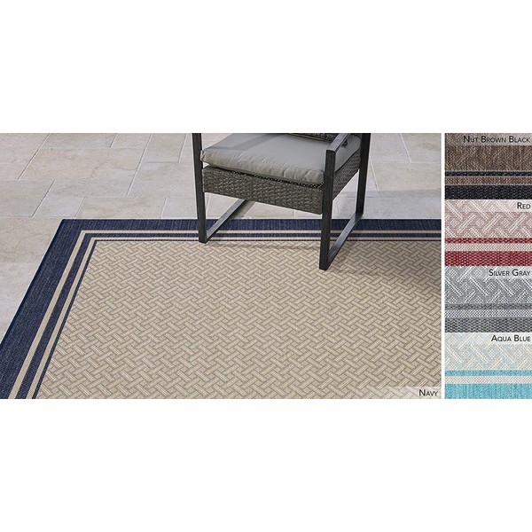 Gertmenian Indoor Outdoor Area Rug, Classic Flatweave, Washable, Stain & UV Resistant Carpet, Deck, Patio, Poolside & Mudroom, 8x10 Ft Large, Simple Border, Nap Ace Border Navy
