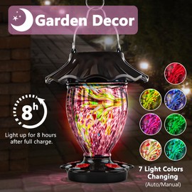 LUJII Solar Powered Hummingbird Feeder for Outside Hanging, Trophy Shaped Hand Blown Glass, Weatherproof, Lighted Lantern for Garden Decor, 32 fl.oz, Never Leak, Unique Gift for Bird Lover(Purple)