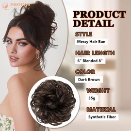 PHOCAS Messy Hair Buns Hair Piece Curly Bun Hair Pieces for Updos Synthetic Wavy Curly Chignon Ponytail Hair Extensions for Daily Wedding Use(Dark Brown)
