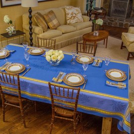 Amelie Michel Luxury French Cotton Jacquard Tablecloth in Senanque, Blue | Stain Resistant, Easy-Care, Machine Washable Fabric Made in France [63" x 79" Rectangle]