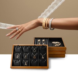 Oirlv Solid Wood Stackable Jewelry Organizer Tray Jewelry Drawer Organizer(Black)