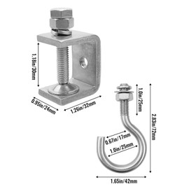 4 PCS Beam Clamp J Hook, Stainless Steel Small Pipe Clamp Hooks for 1Inch Metal Beam Wood Beam Truss, Heavy Duty Open Cup Bolt Hook Load 330lb, I-Beam Design C Clamp Hook