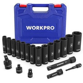 WORKPRO 20-Piece 1/2＂ Drive Deep Impact Socket Set, 6-Point, Cr-V Steel, 10-27mm, Universal Joint, Adapter and Extension Bar, Metric