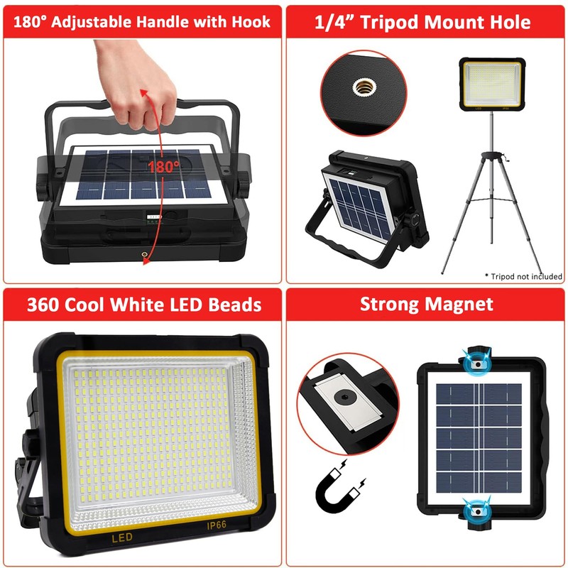 Wideskall 100W Portable Rechargable Solar Panel LED Work Light with