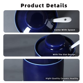 ONTUBE Ceramic Sugar Bowl with Lid and Spoon,Porcelain Seasoning Box Salt Bowl,8oz (Navy)