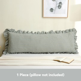 Jilboo Vintage Gingham Ruffled Pillow Sham 20x54 Inches - Sage Green/White Plaid Farmhouse Decor | 100% Washed Cotton Checkered Body Pillow Cover for Bed, Sofa, Couch (1pc)