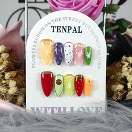TENPAL Summer Fruit Press on Nails - Vibrant Almond Shaped Fake Nails with Kiwi, Watermelon & Avocado Designs | Reusable Colorful Nail Art for Women | Tropical Fruit Manicure Set (Medium Length,S)